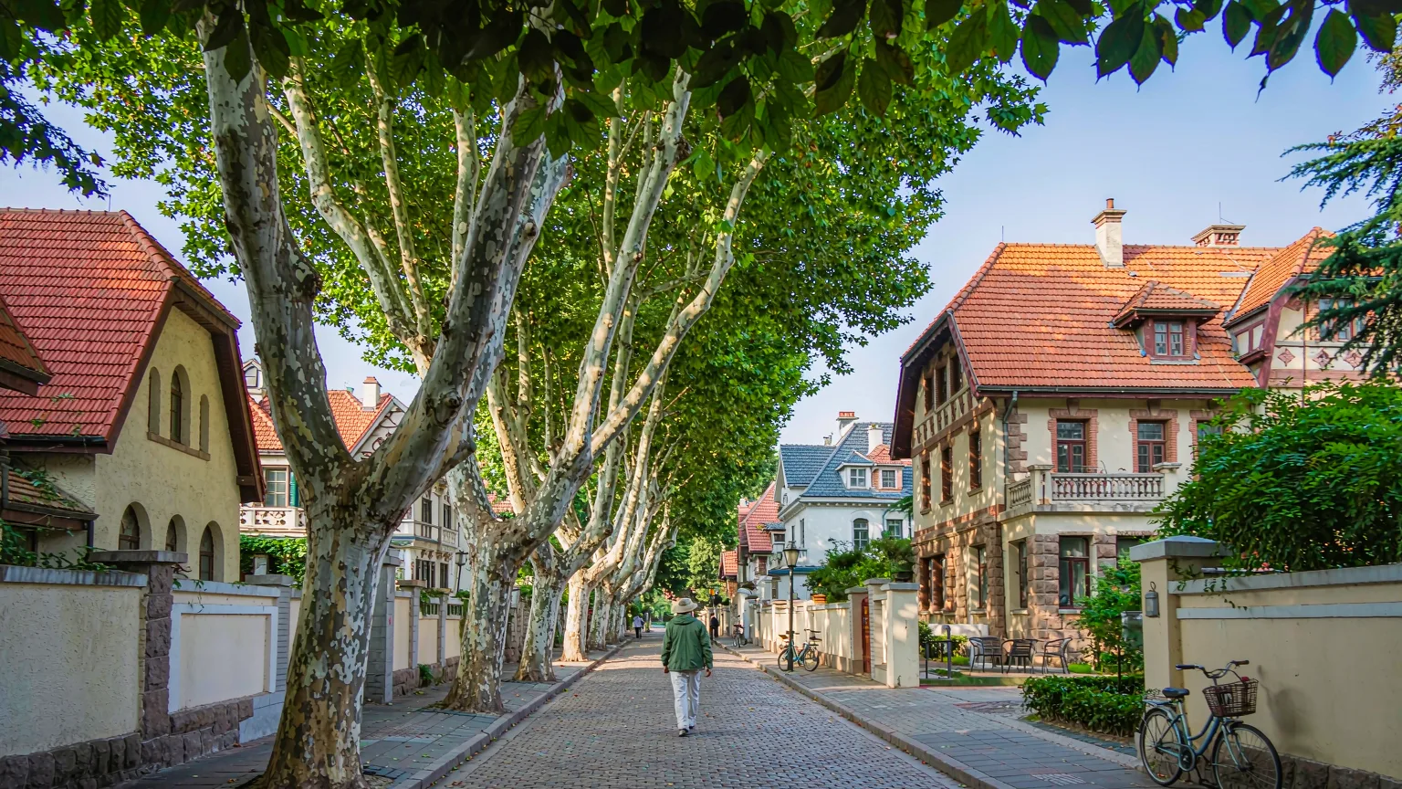 Visitor strolling down a tree-lined street in Badaguan with villas