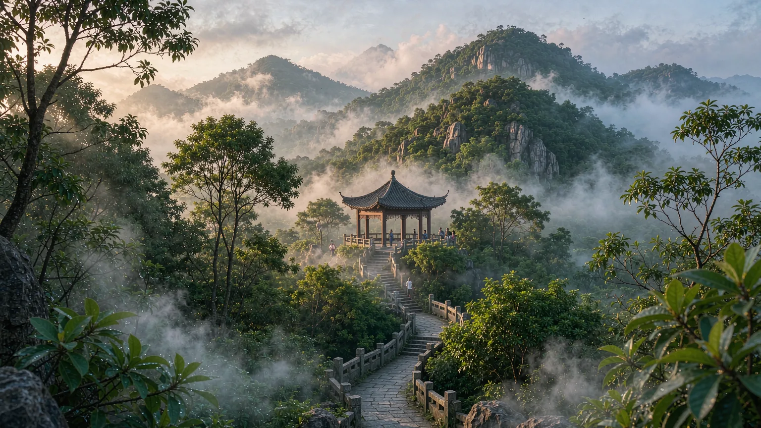 Misty forest and pavilions on Baiyun Mountain in Guangzhou