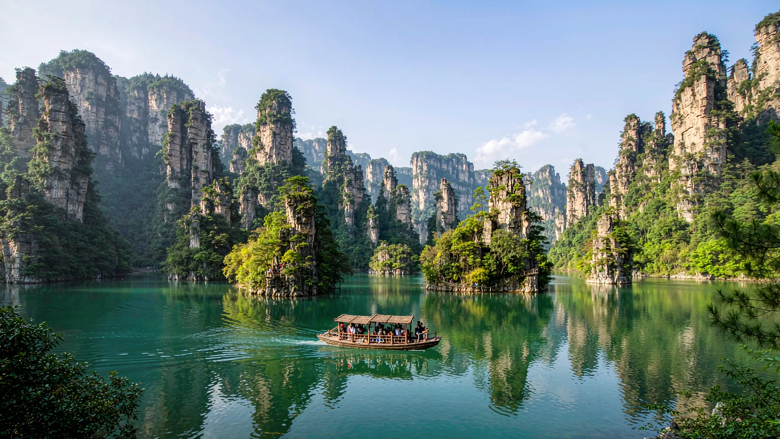 Baofeng Lake surrounded by sandstone peaks with a tour boat on emerald water