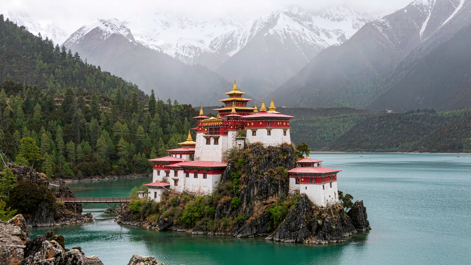 Tsozong Gonpa monastery on an island in Basum Lake surrounded by forest