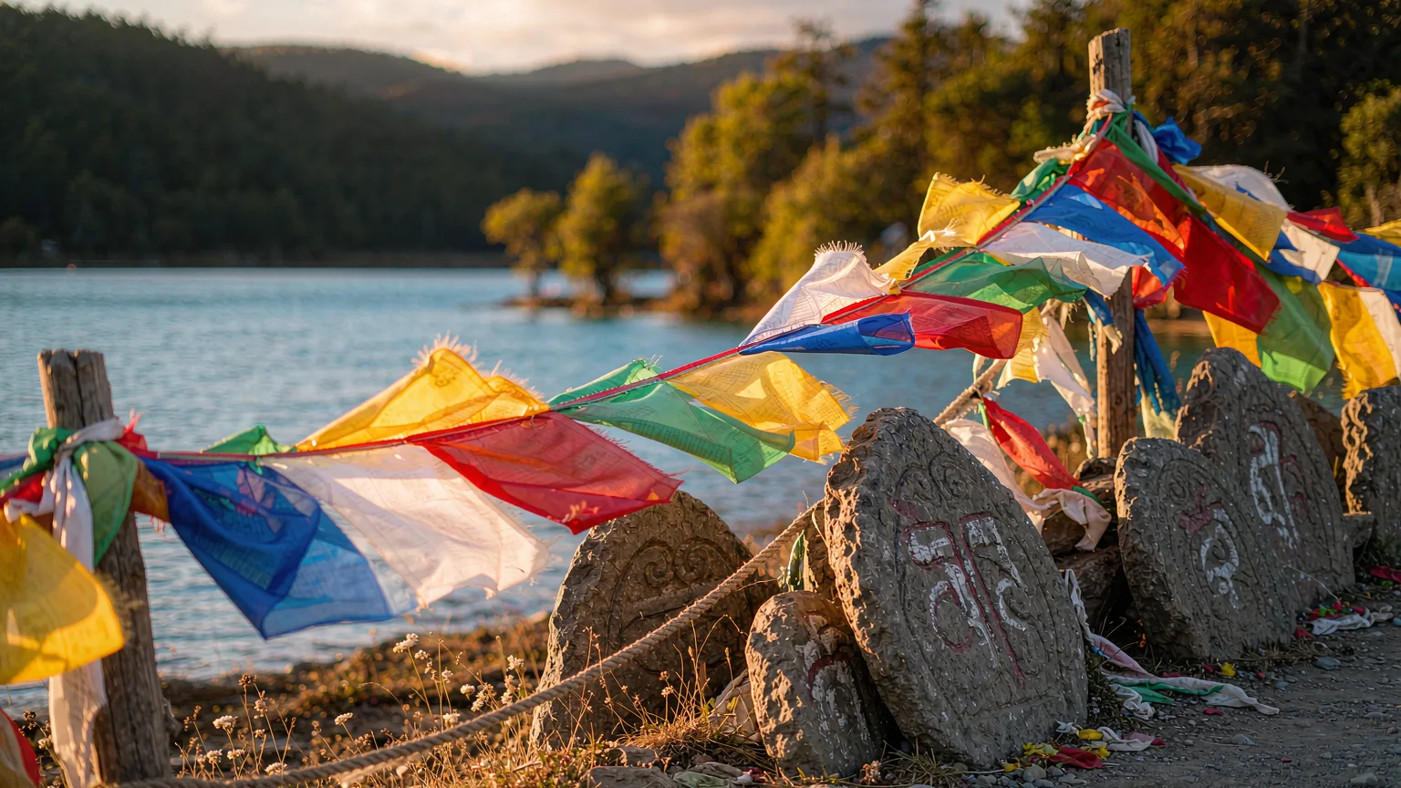 Colorful prayer flags and carved mani stones by Basum Lake