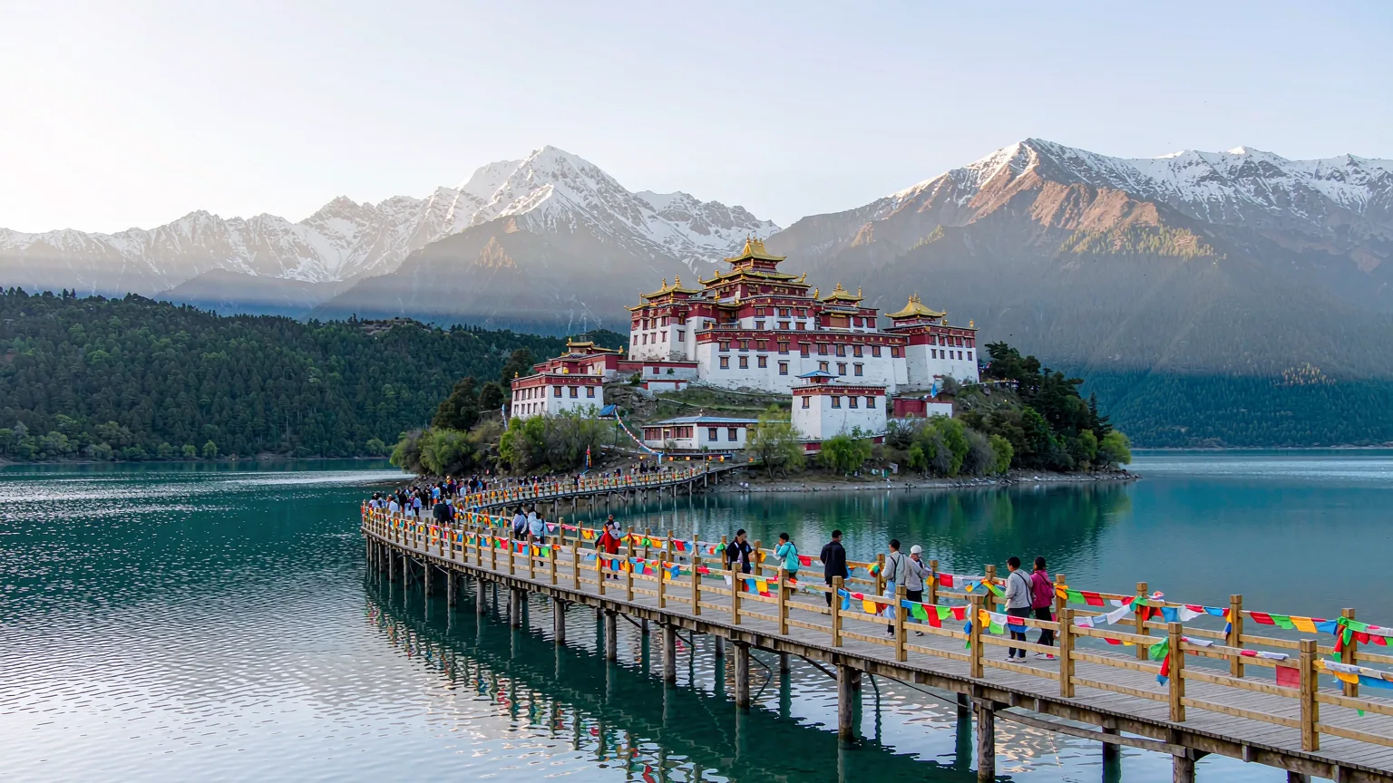 Visitors crossing a wooden bridge to Tsozong Gonpa island in Basum Lake