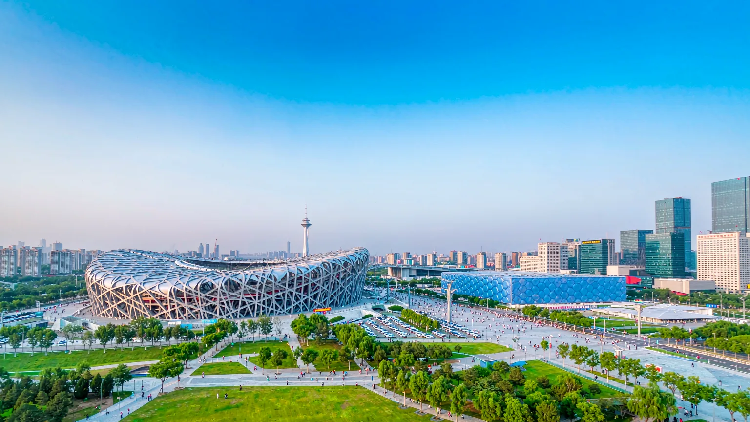 Bird's Nest and Water Cube side by side in Olympic Park