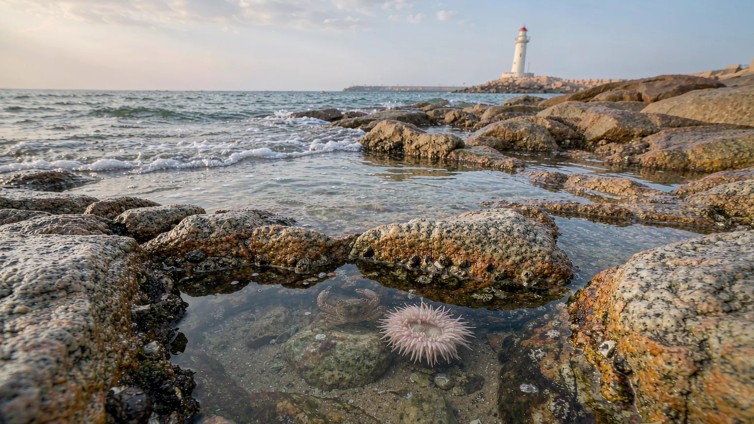 Close-up of tidal pools and granite rocks along Binhai Road shoreline