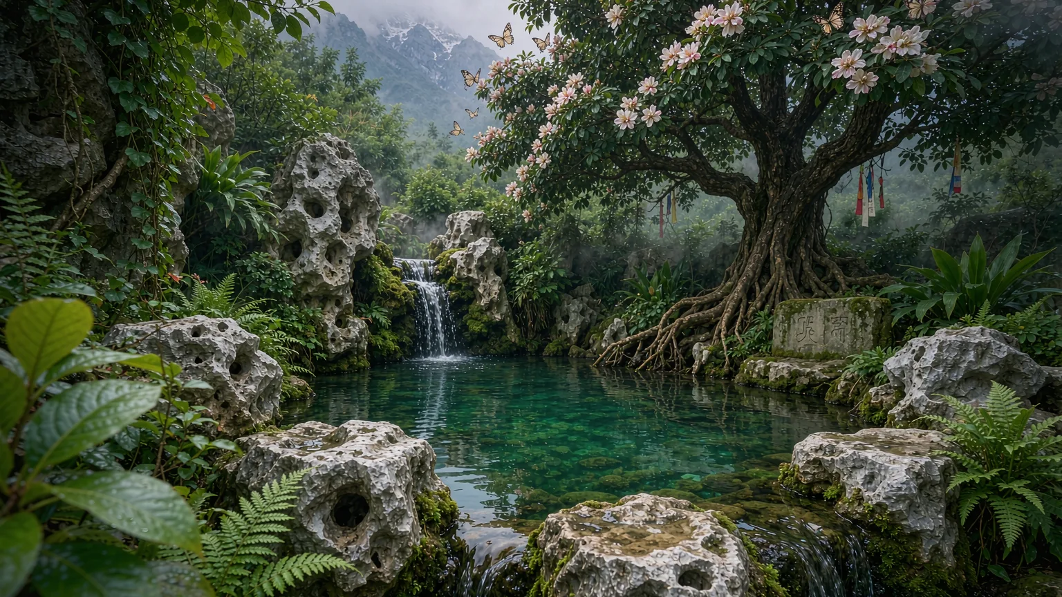 Butterfly Spring pool with lush greenery and ancient tree in Dali