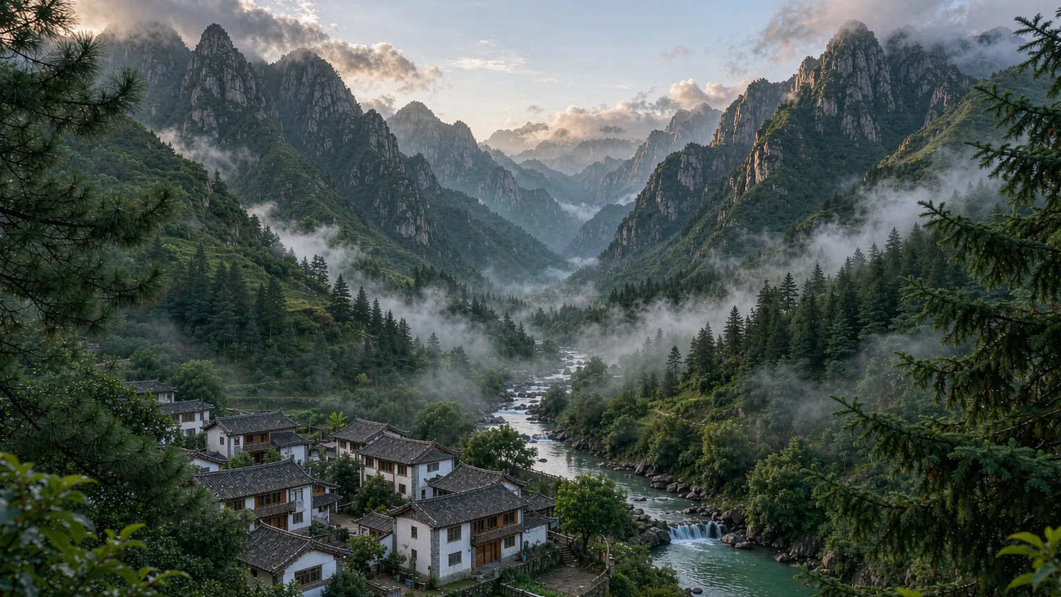 Misty Cangshan valleys with 18 brooks and a Bai village below