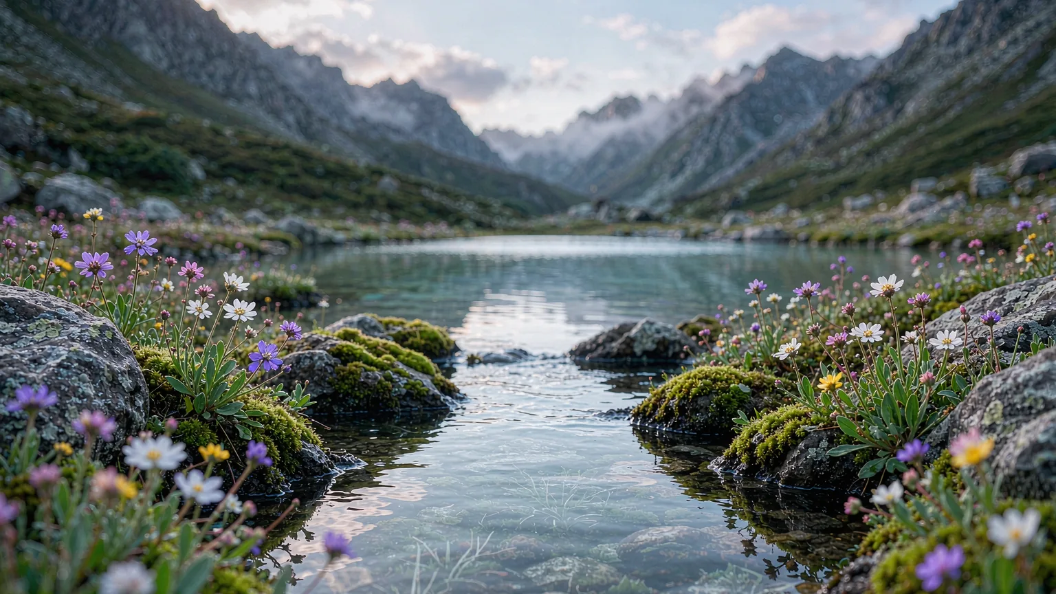 Alpine wildflowers and clear pool at Ximatan on Cangshan's high ridge