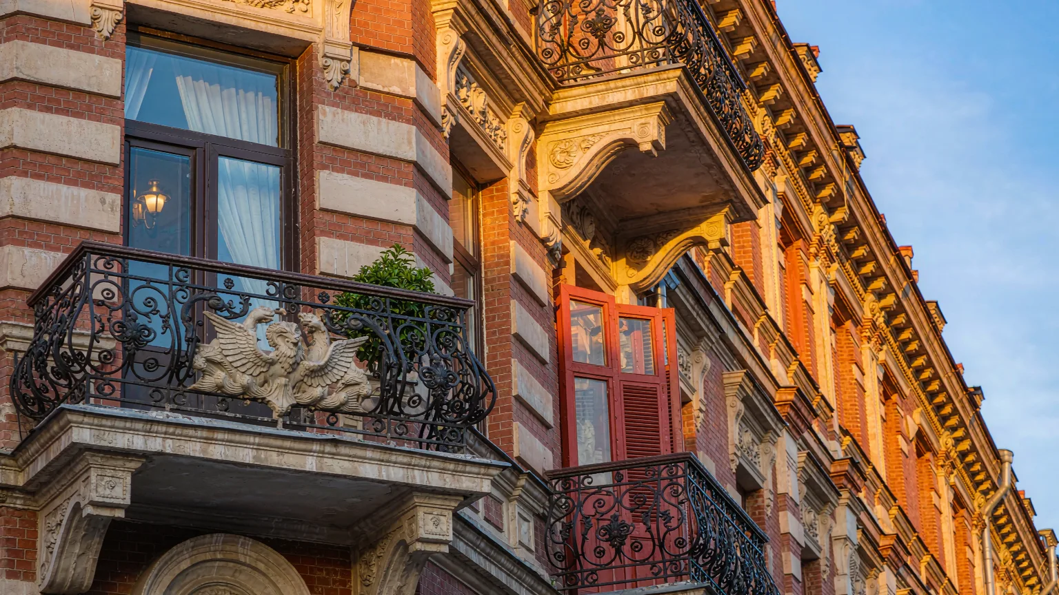 Close-up of ornate balcony and architectural details on Central Street Harbin