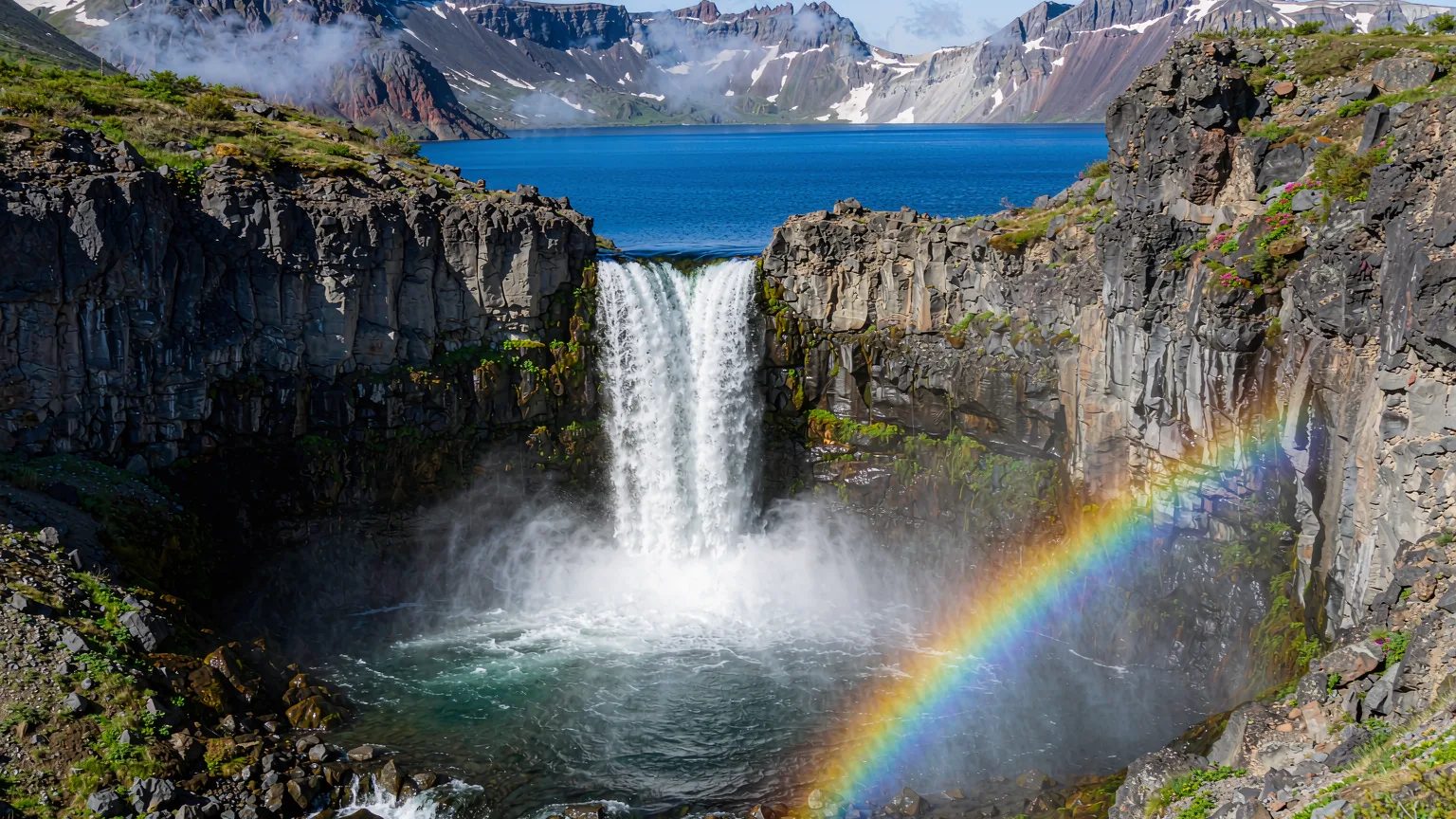 Heaven Lake overflow forming Changbai Waterfall, source of Songhua River