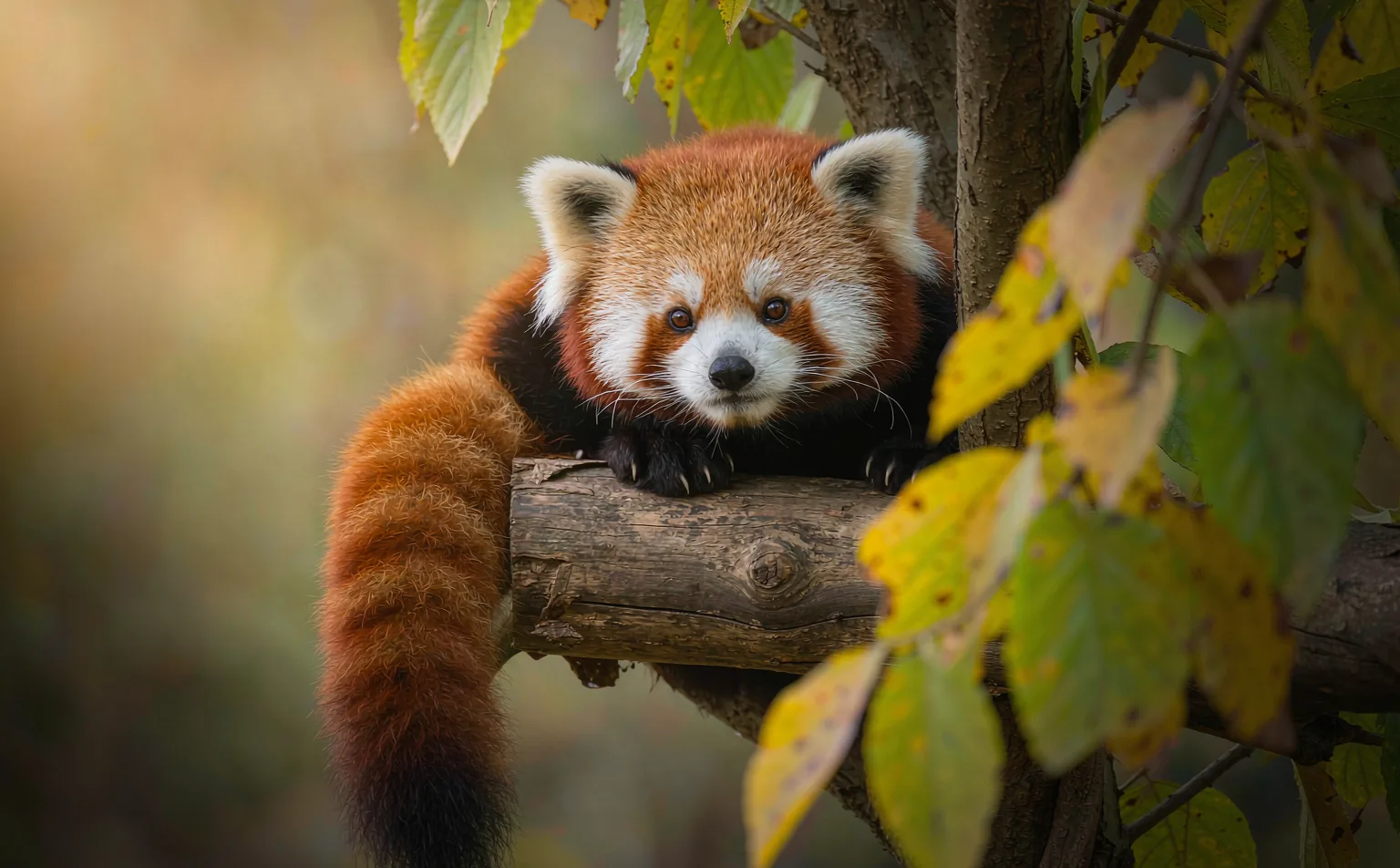 Red panda cub on a tree branch at Chengdu Panda Base nursery