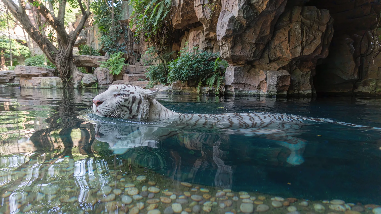 White tiger swimming in a pool at Chimelong Safari Park
