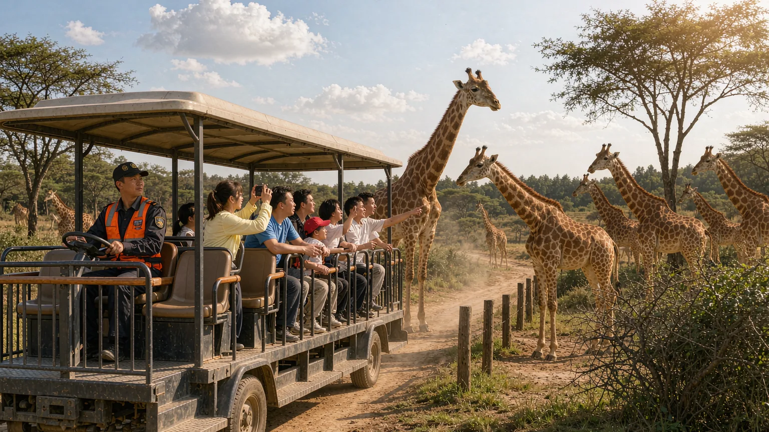 Tourists on a guided tram observing giraffes at Chimelong Safari Park