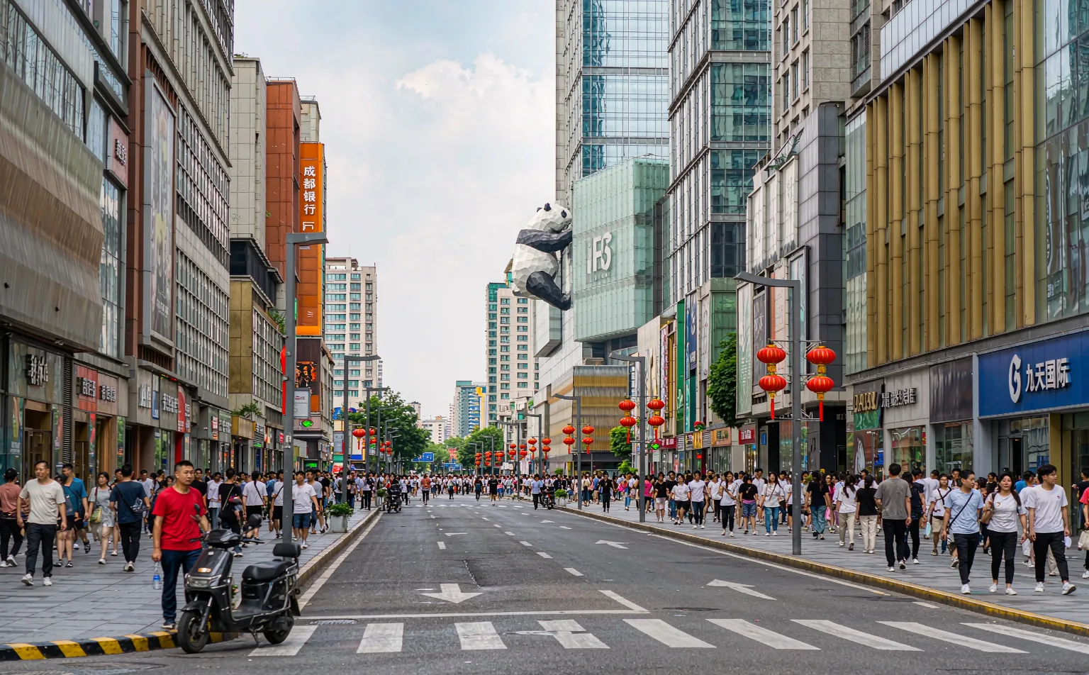 The famous climbing panda sculpture on the IFS building facade in Chengdu