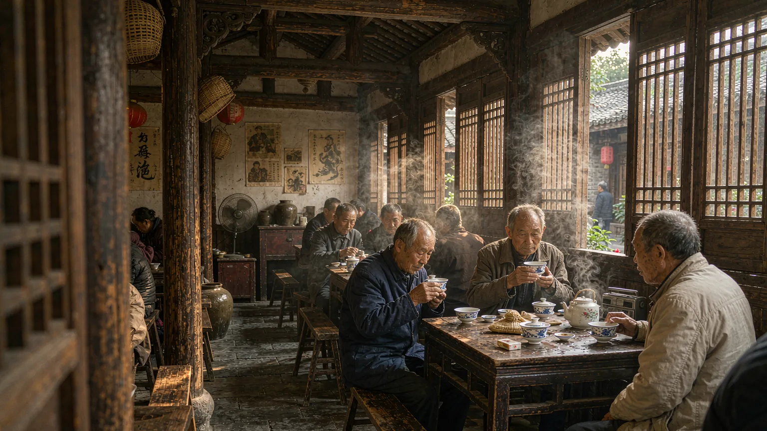 Elderly locals enjoying tea inside a traditional Ciqikou teahouse