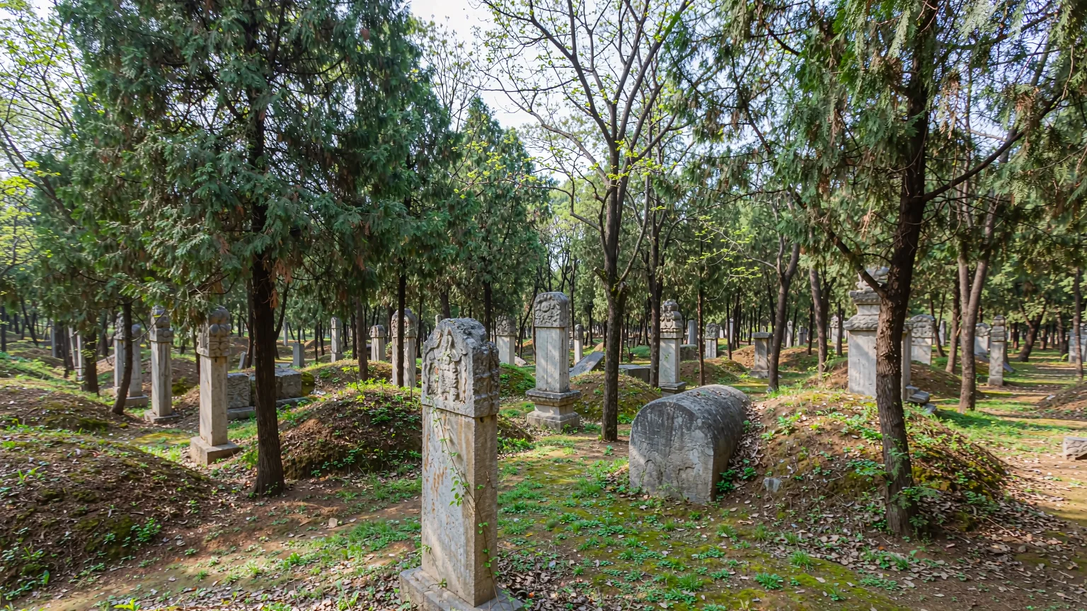Woodland cemetery with ancient tombs and monuments among trees