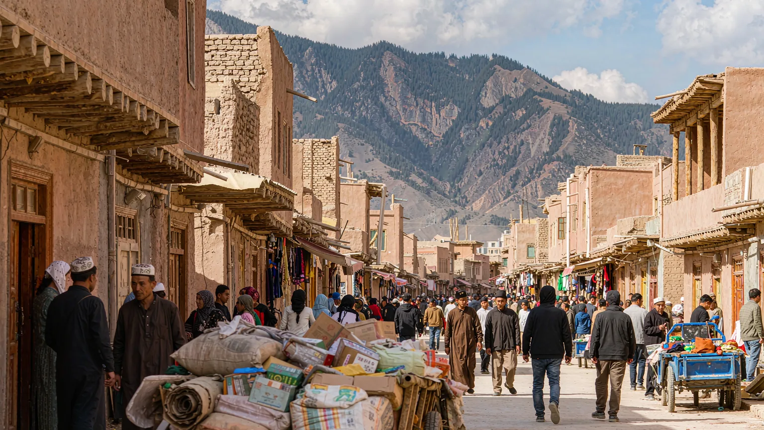 Main street of Dabancheng Ancient Town with locals and traditional buildings