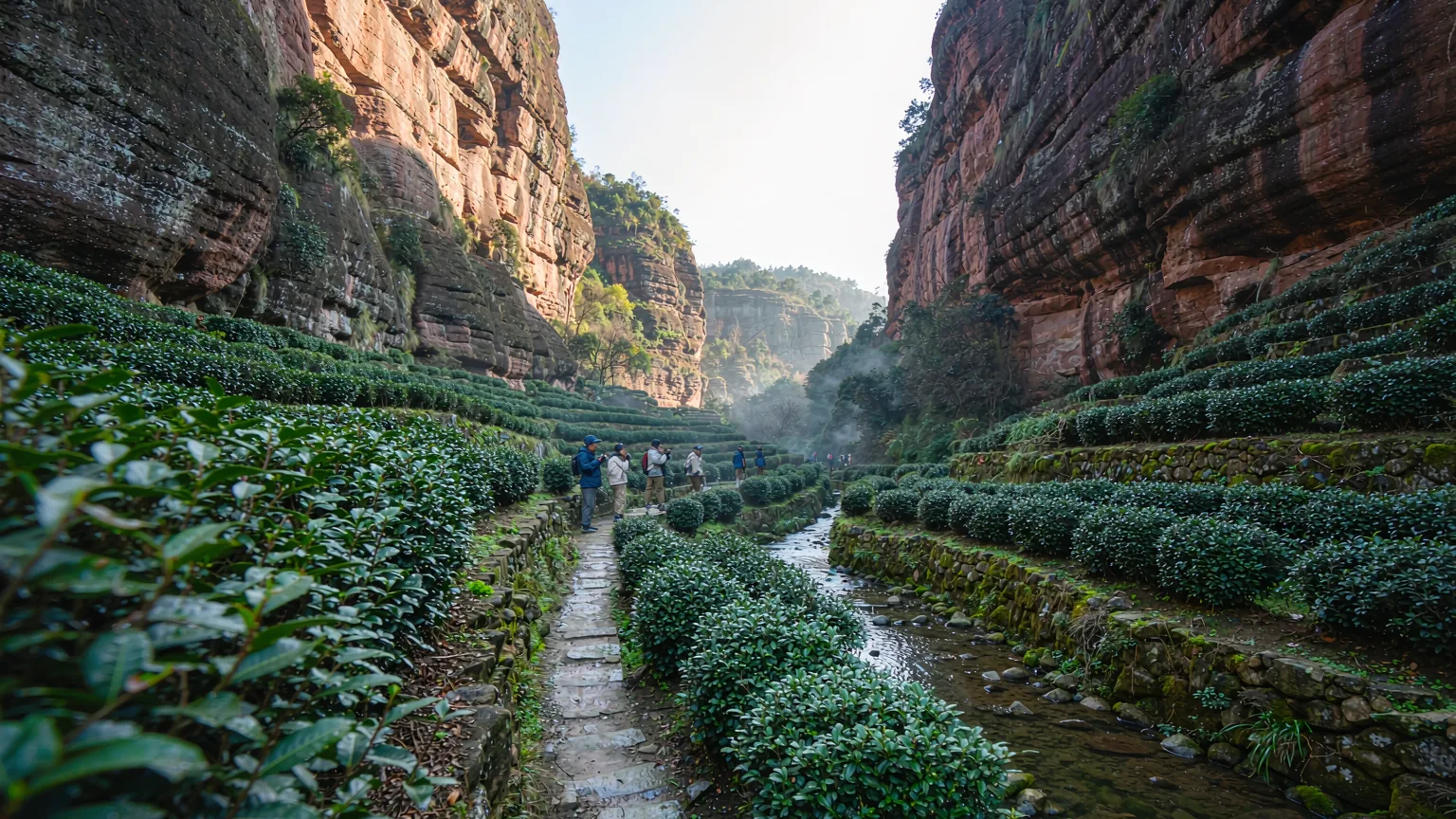 Tea terraces and a stream in the valley of Dahongpao Scenic Area, Wuyishan