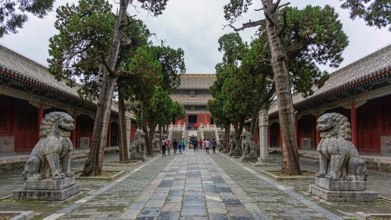 Central axis of Dai Temple with ancient cypresses and stone lions