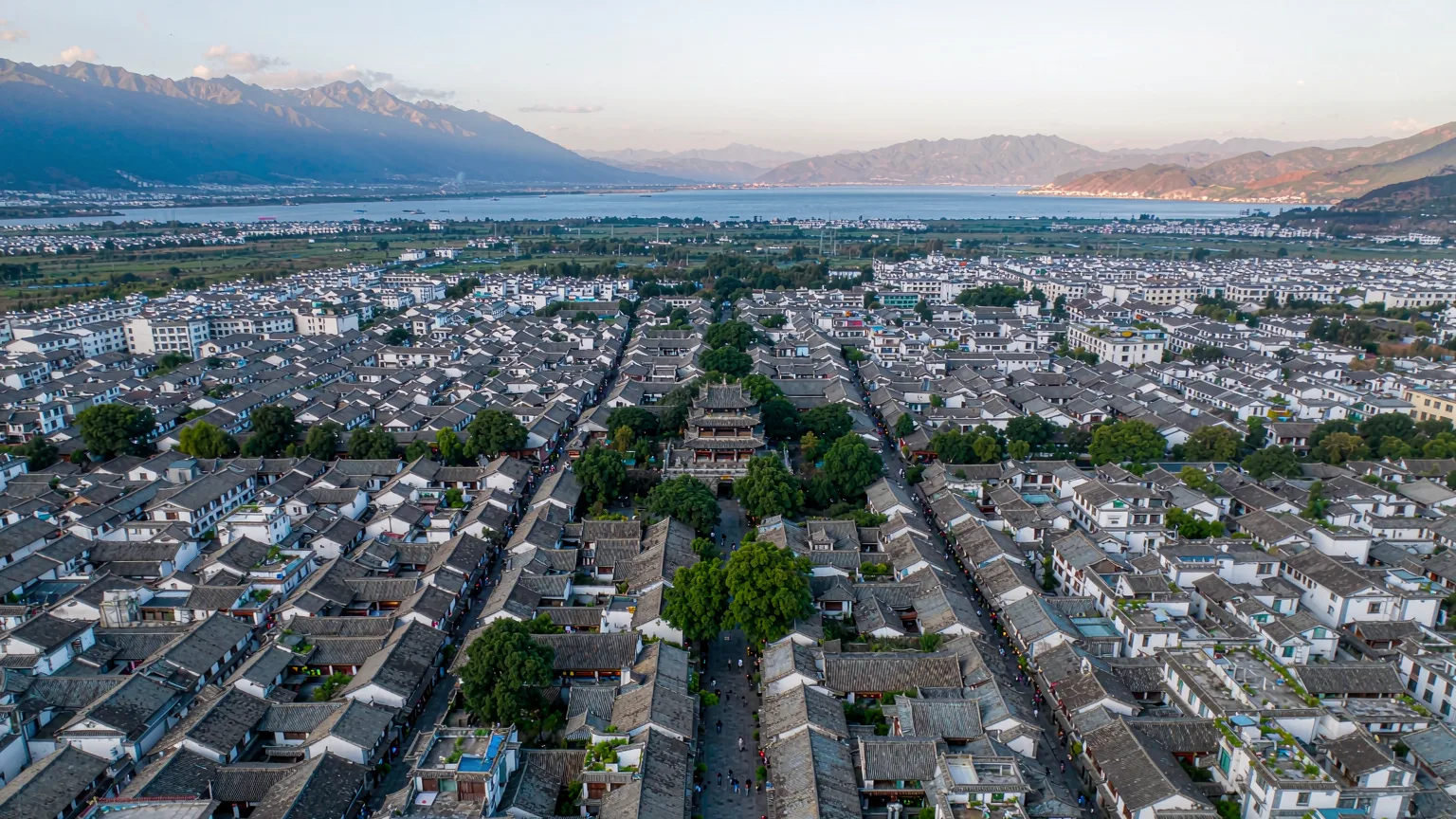 Aerial view of Dali Ancient City grid layout with Bai architecture