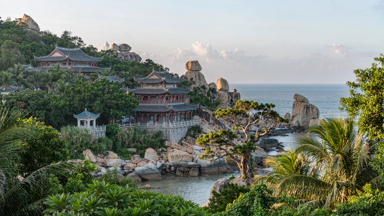 Coastal Taoist temple and ancient Longevity Pine overlooking South China Sea