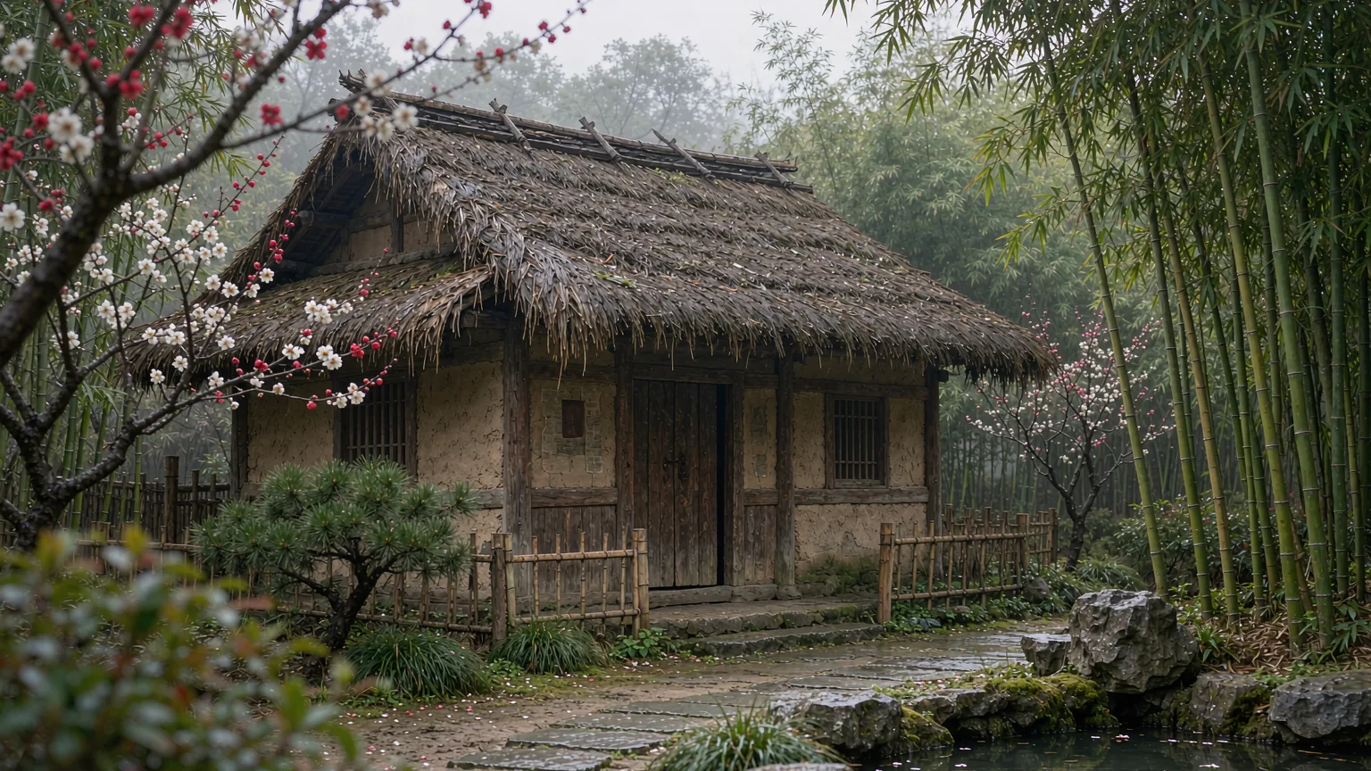 Historic thatched cottage of Du Fu surrounded by plum blossoms and bamboo