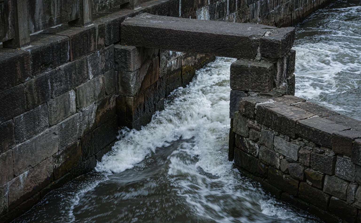 Water rushing through the ancient stone channels of Dujiangyan