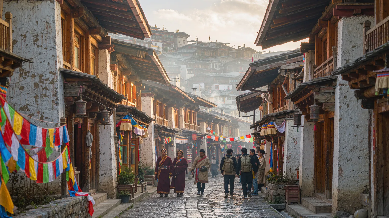 Cobblestone lanes and traditional Tibetan houses in Dukezong Ancient Town