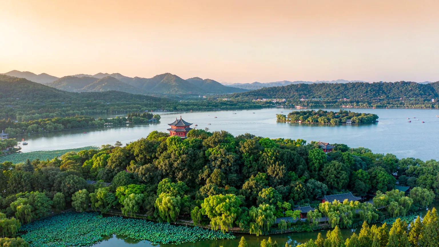 Moshan Hill with pavilion overlooking East Lake and lotus inlets