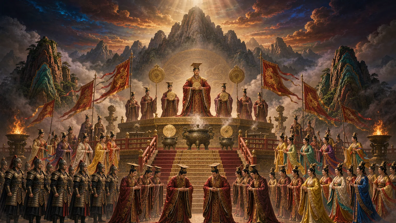 Performers in ancient costumes reenacting imperial rituals at Fengshan Grand Ceremony