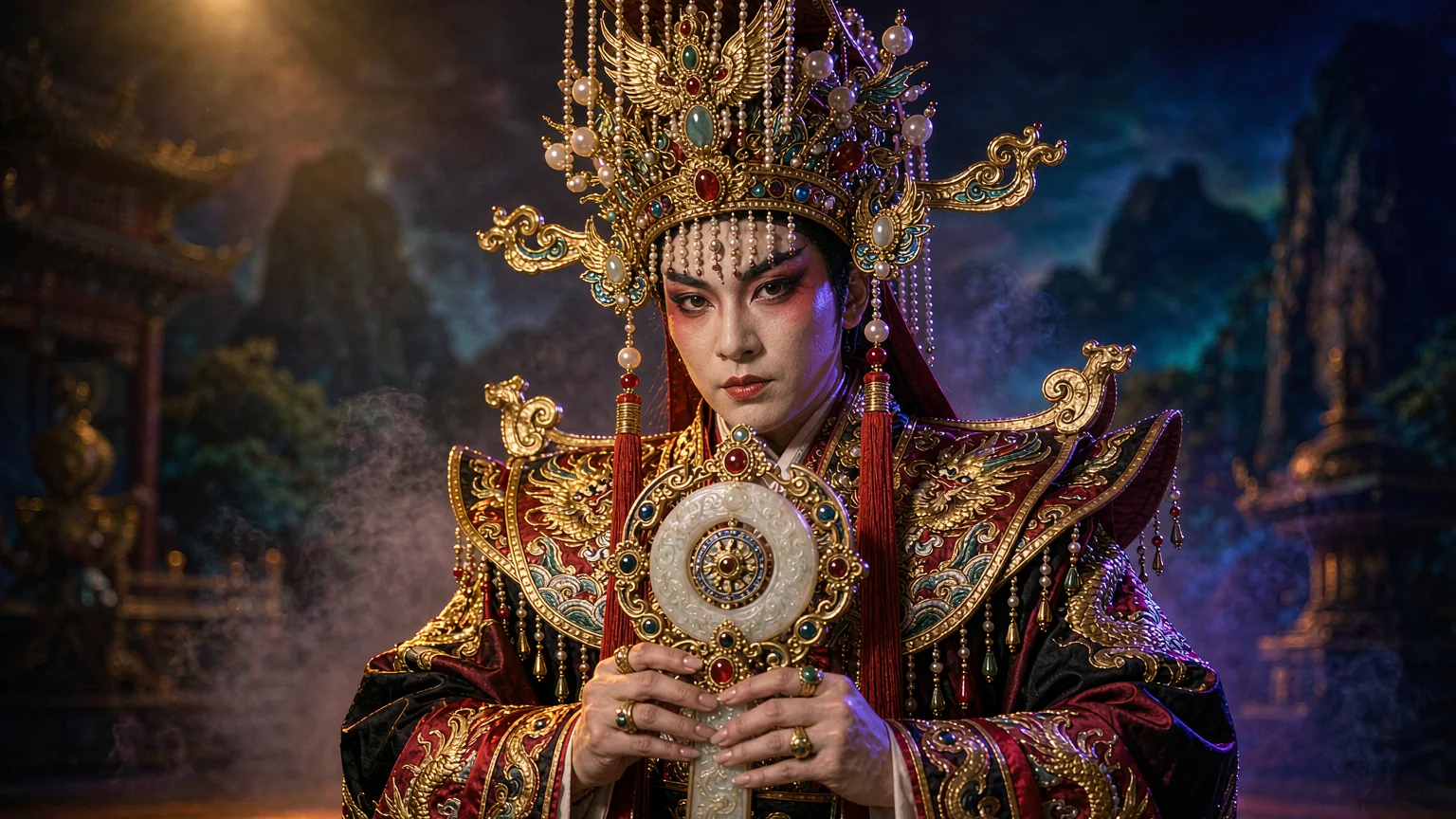 Detailed view of ornate costume and props from Fengshan Grand Ceremony show