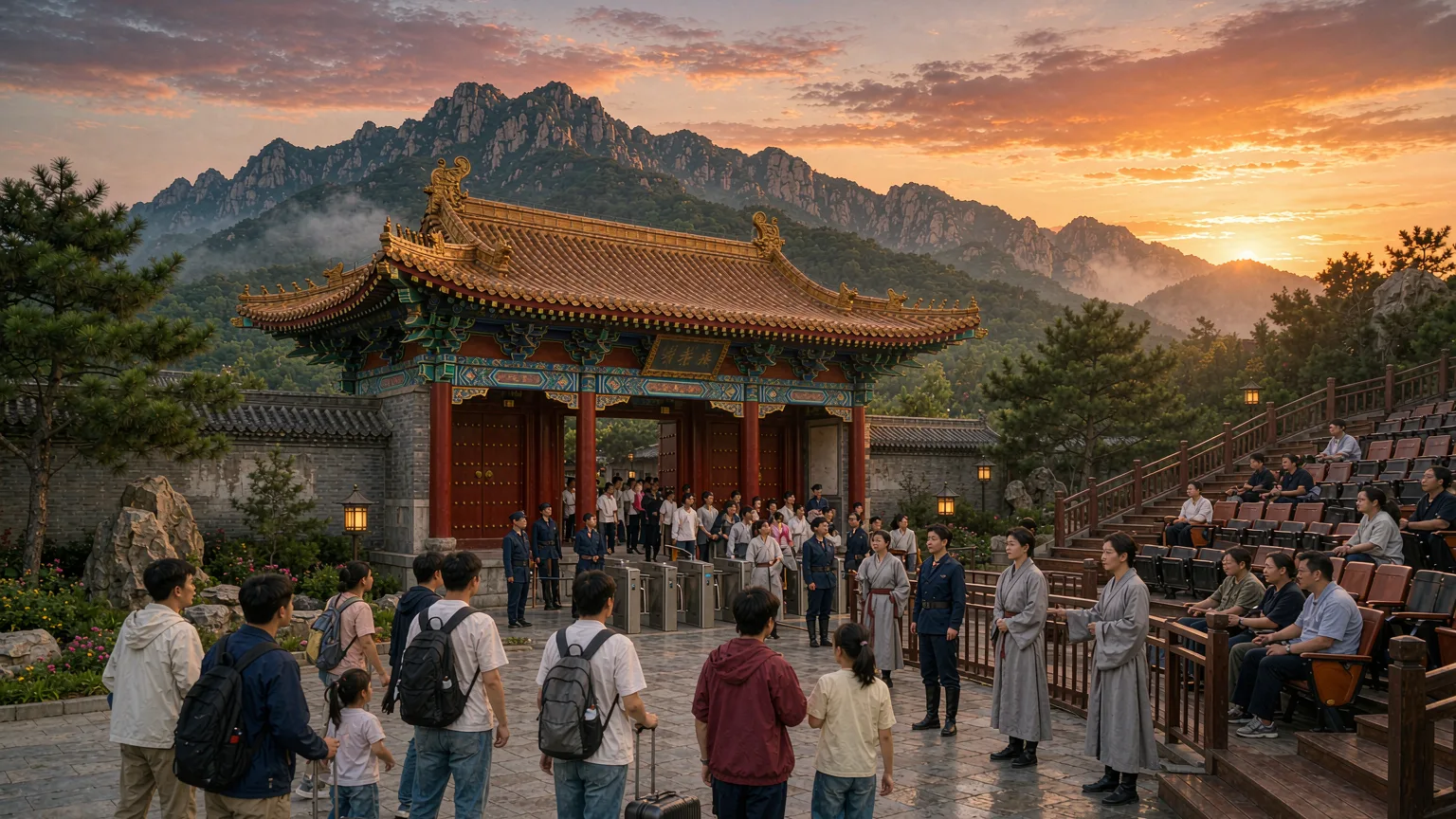 Visitors entering the Fengshan Grand Ceremony venue with Mount Tai in background