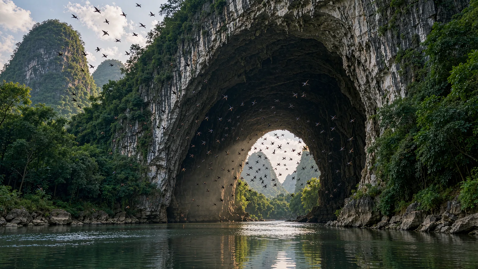 Swallow Cave entrance with swallows flying over the Getu River