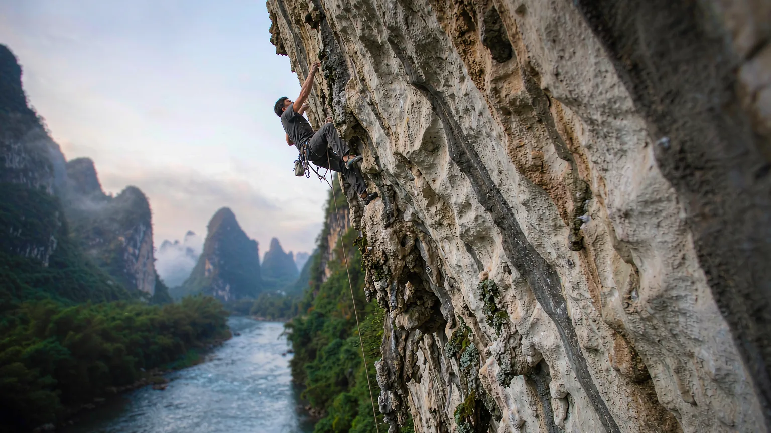 Rock climber ascending a limestone cliff above the Getu River