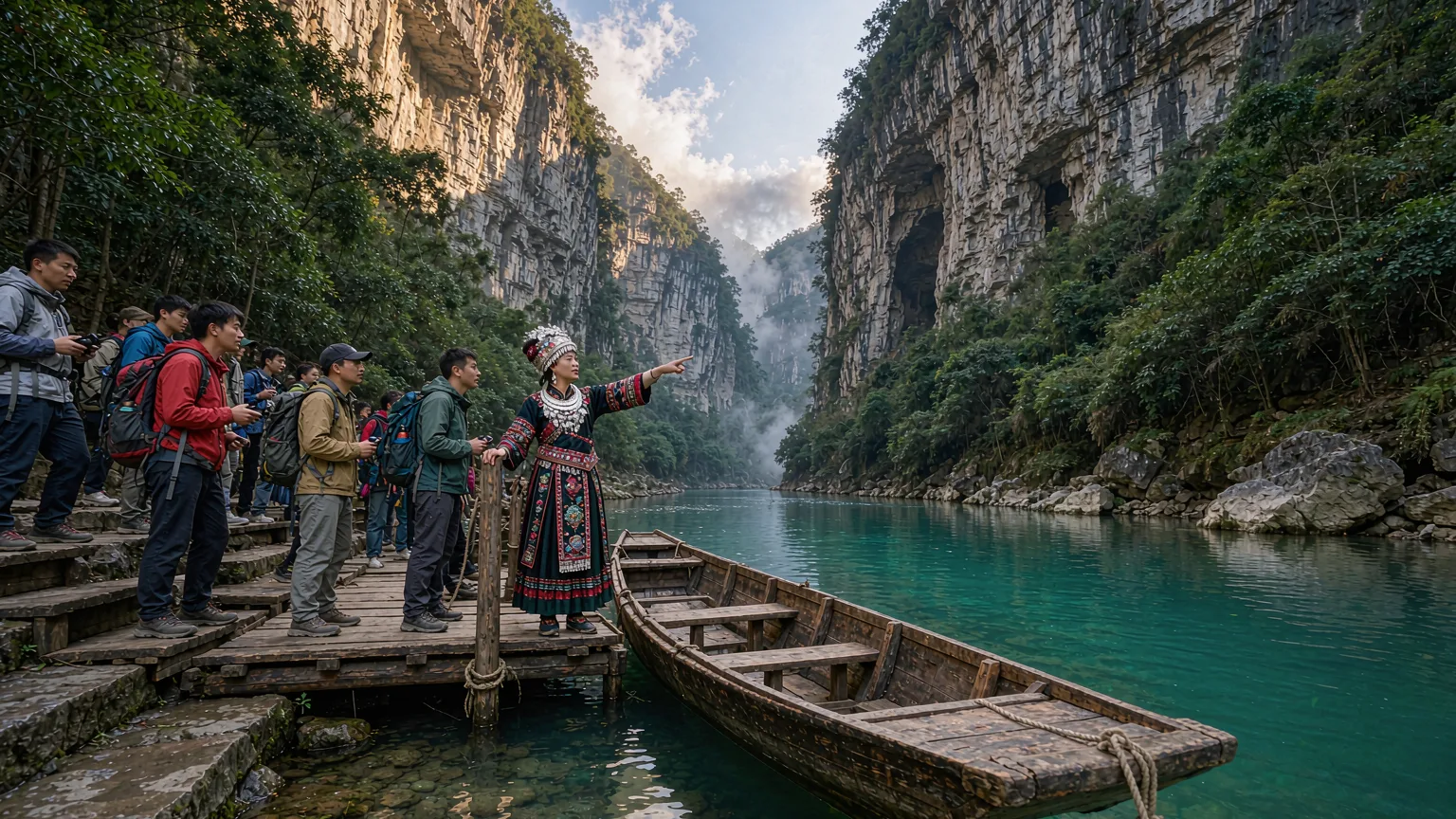 Tourists boarding a boat on the Getu River with a Miao guide
