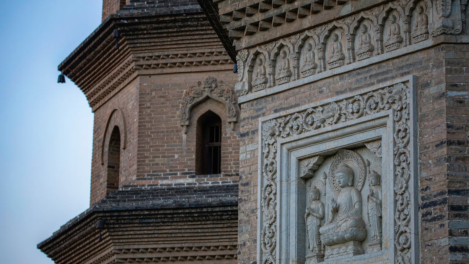 Close-up of weathered brick and carvings on Giant Wild Goose Pagoda