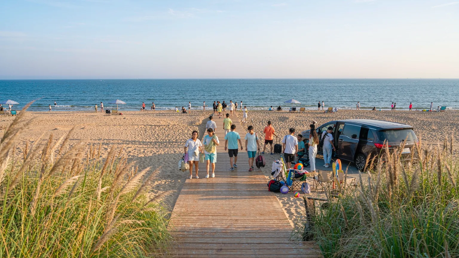 Boardwalk entrance to Golden Beach with arriving visitors