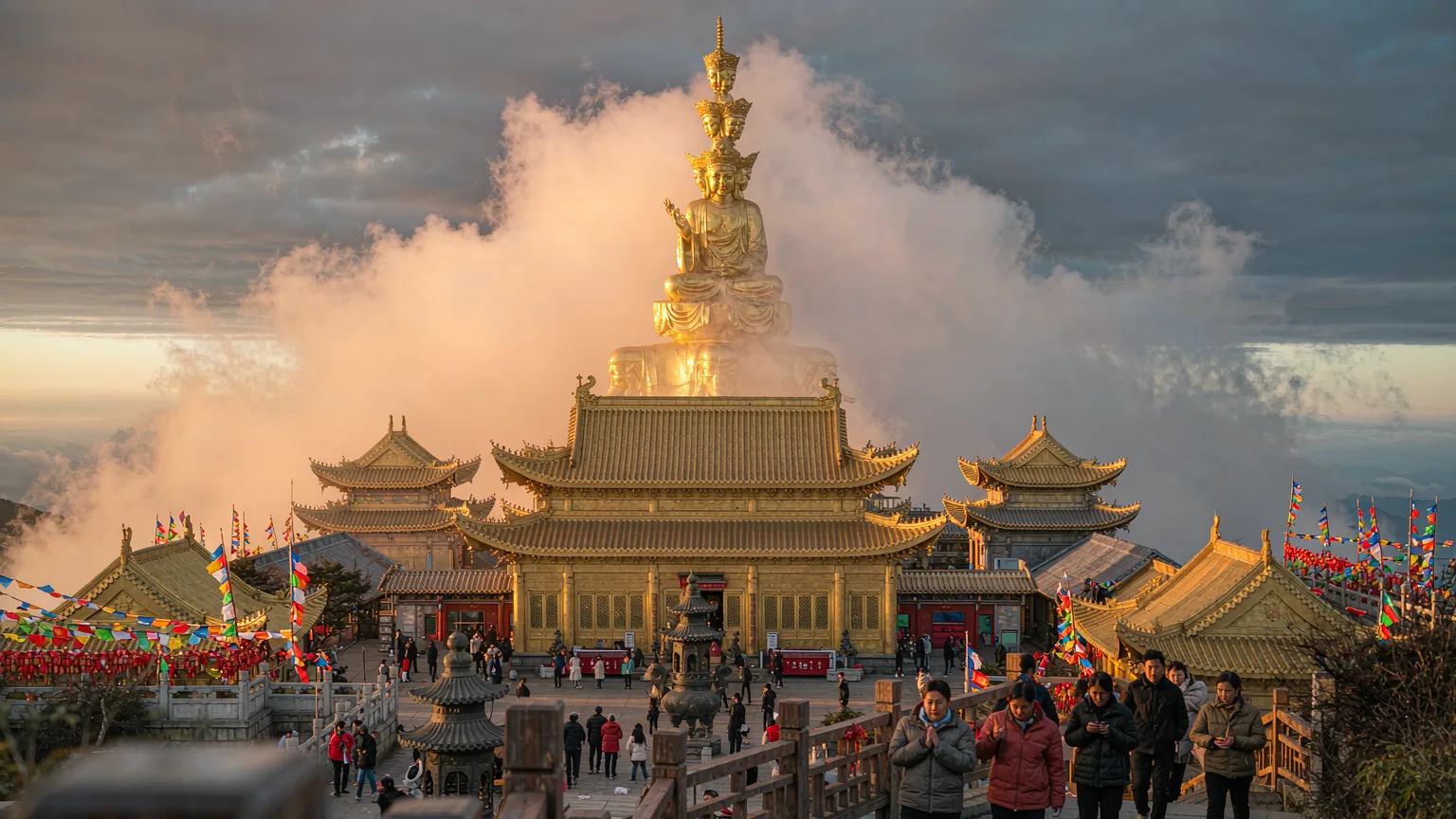 Golden Summit temple complex with towering Samantabhadra statue and pilgrims on Mount Emei
