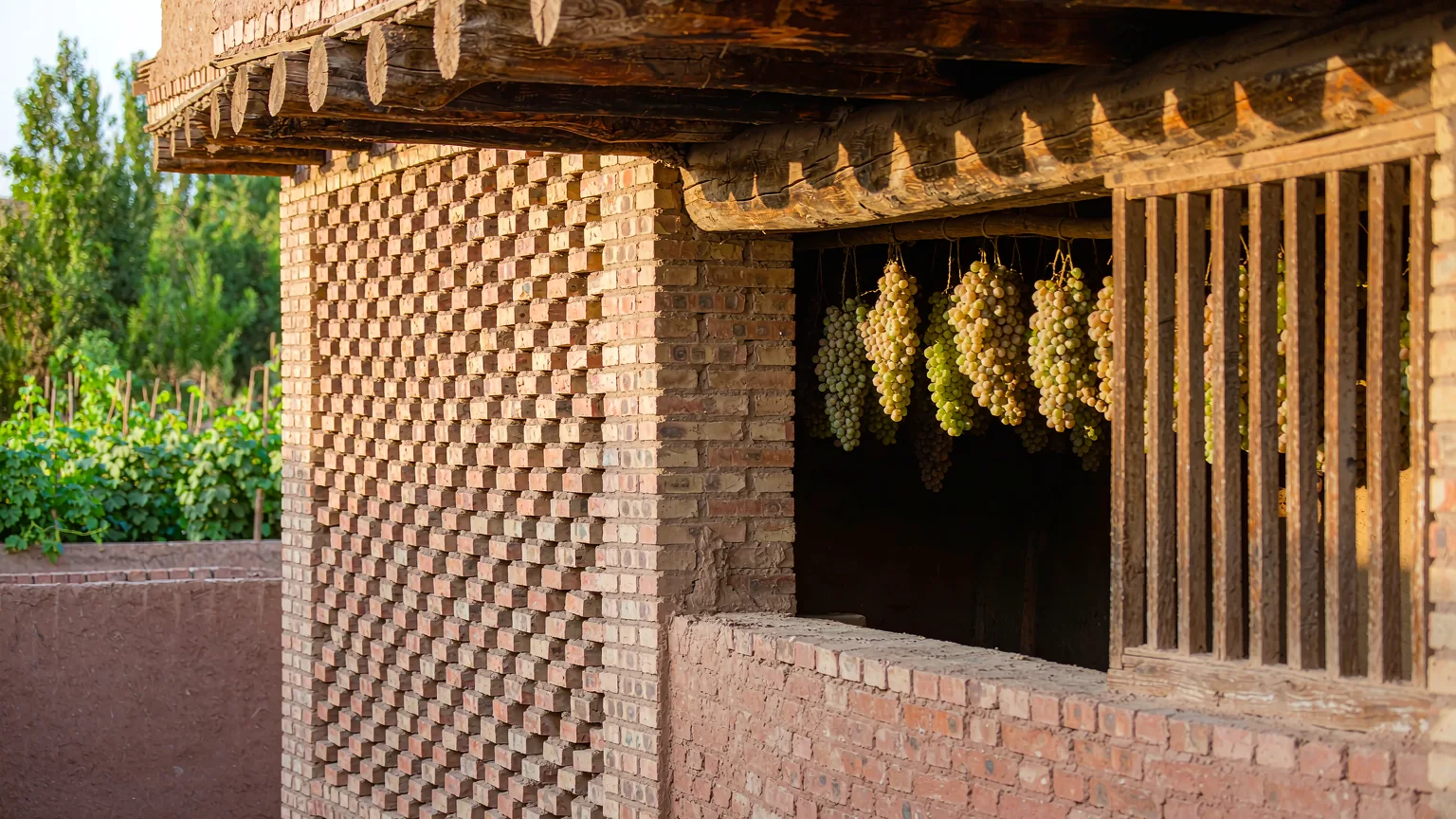 Close-up of traditional Uyghur grape-drying house with lattice brick walls
