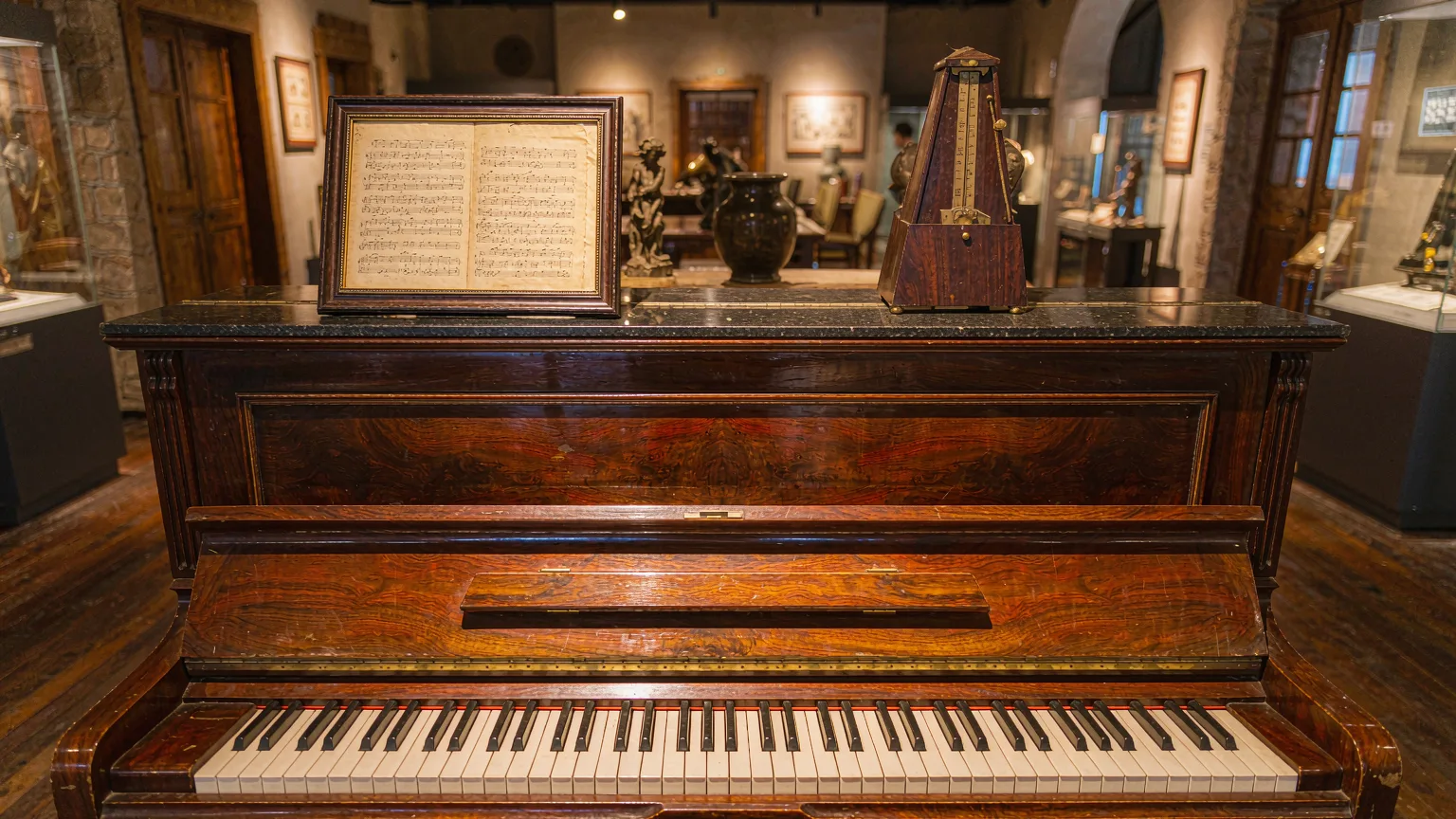 Antique piano in Gulangyu Piano Museum with sheet music and metronome