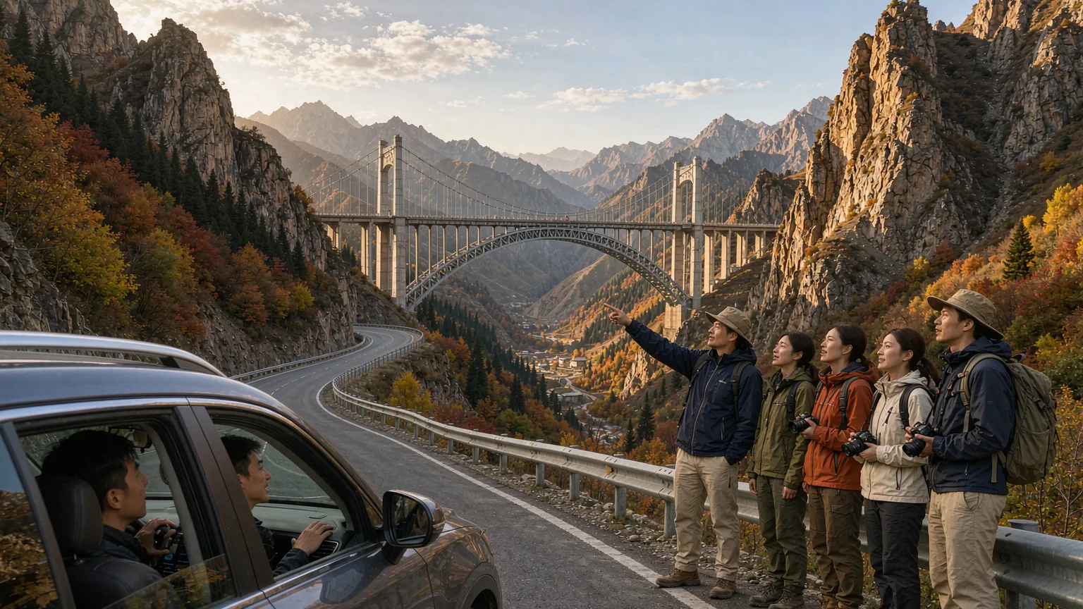 Travelers driving through Guozigou Valley with the bridge ahead