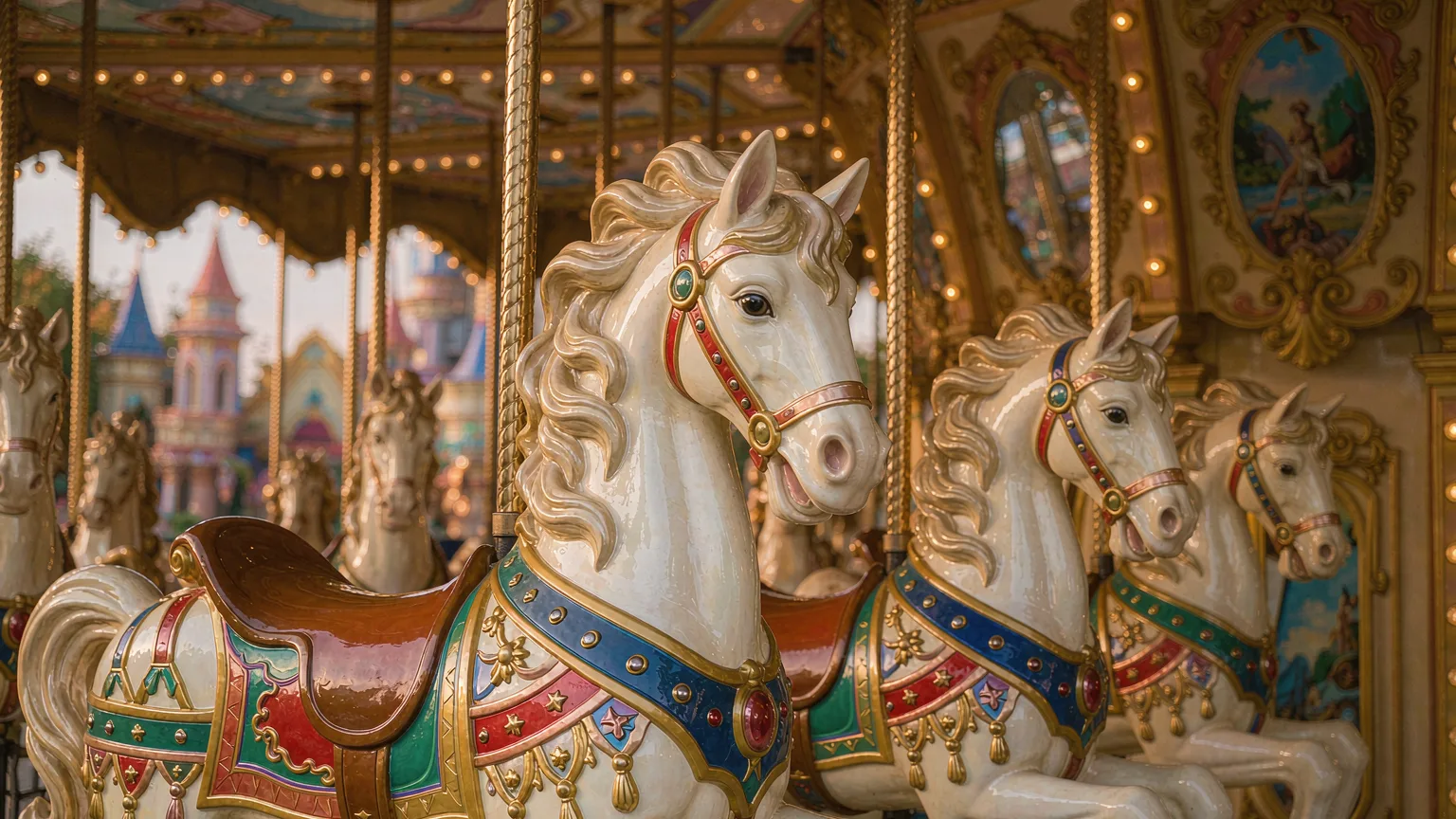 Detailed carousel horses at Happy Valley Shenzhen's Magic Castle