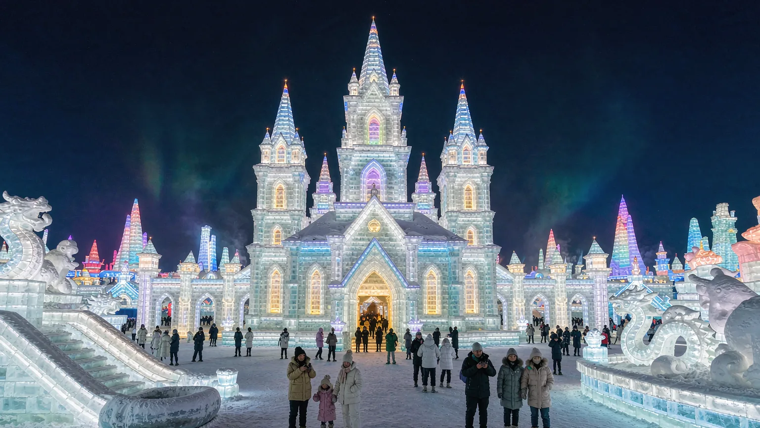 Ice cathedral and towers glowing from within at Harbin Ice and Snow World plaza