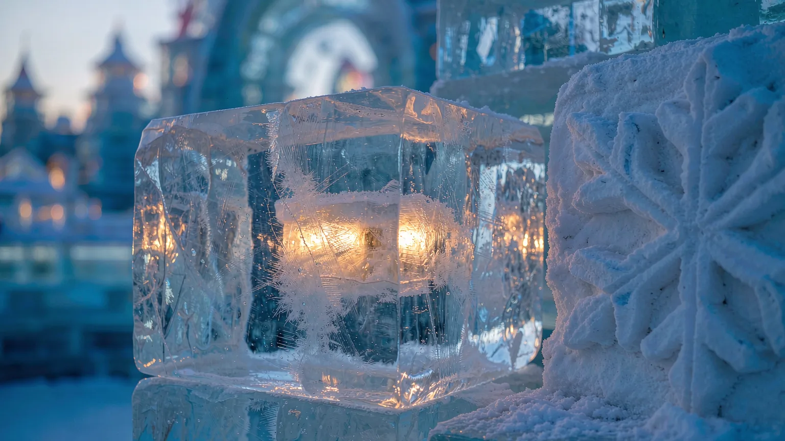 Close-up of glowing translucent ice blocks and frost crystals in Harbin