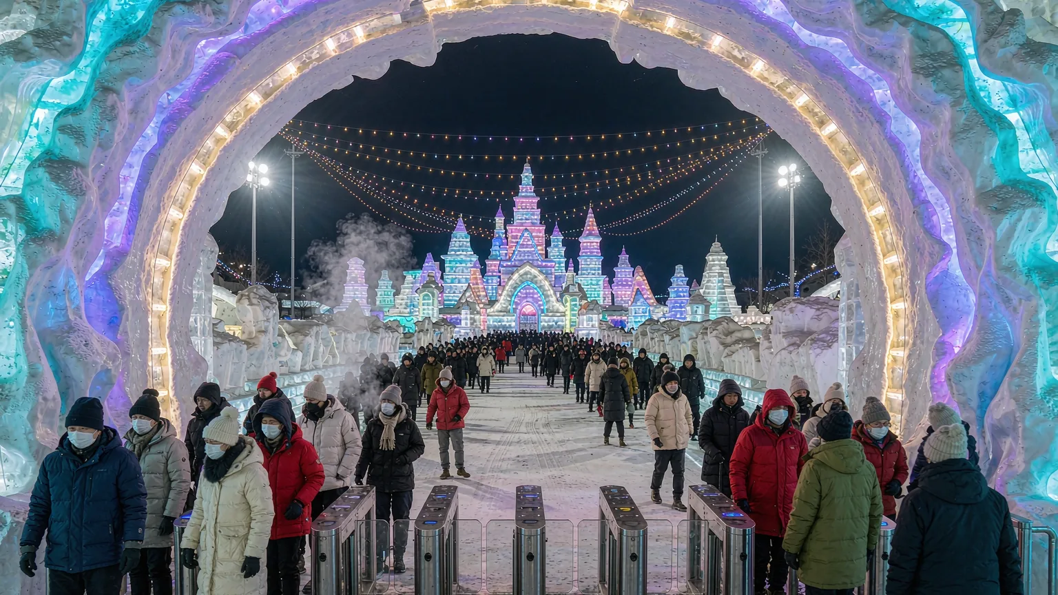 Visitors entering illuminated ice archway at Harbin Ice and Snow World at night