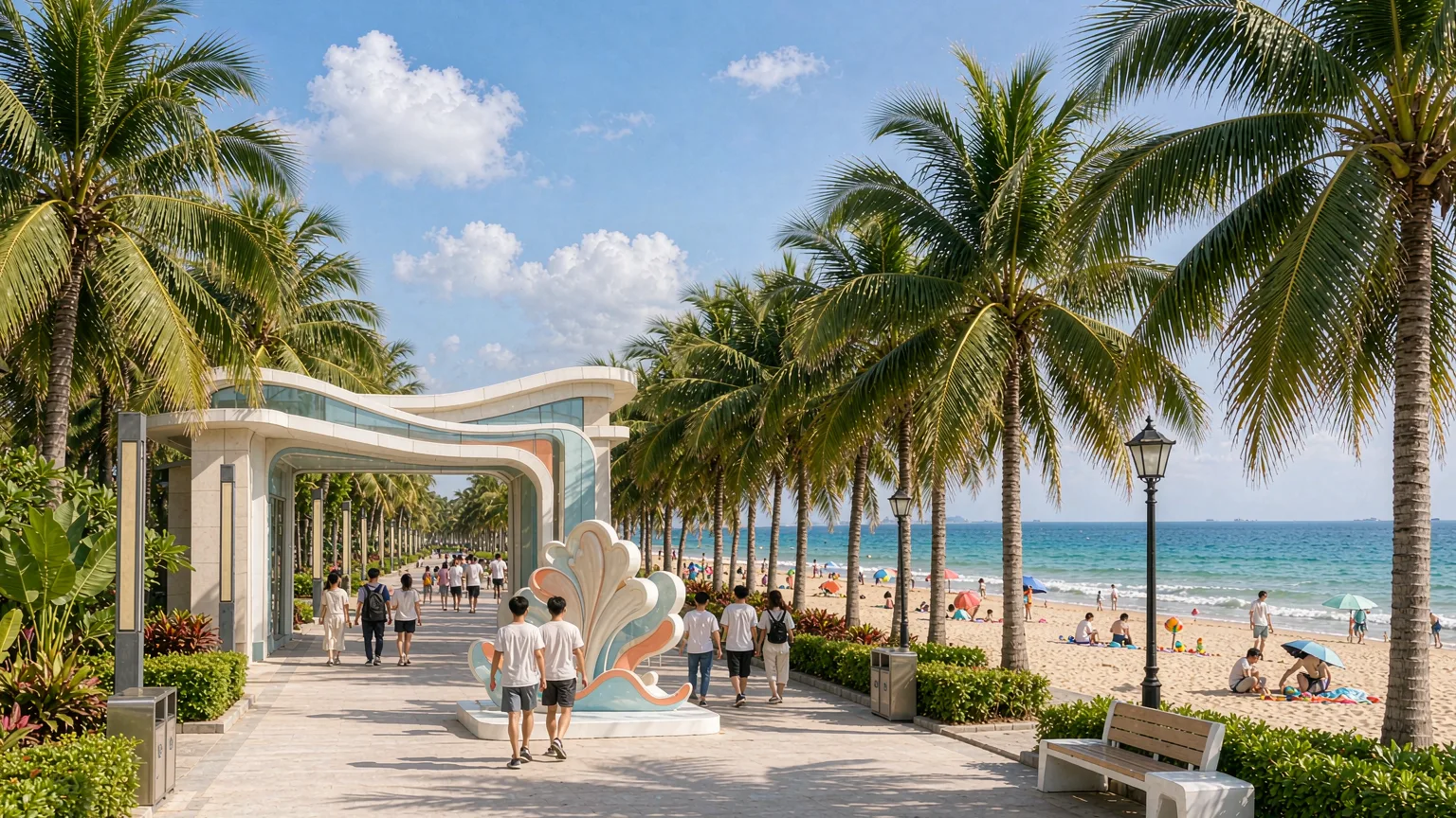 Visitor entering Holiday Beach via palm-lined pathway