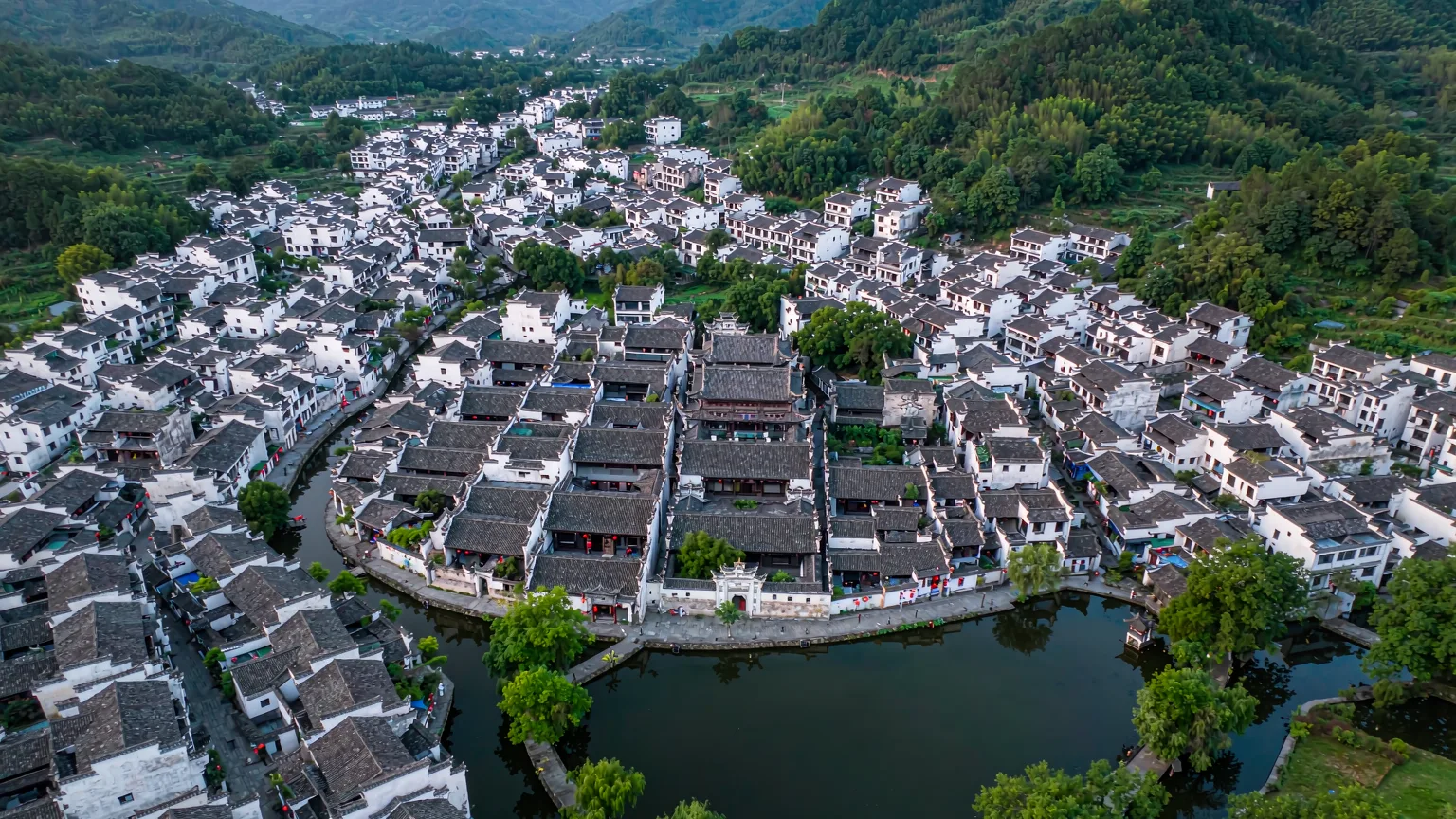 Aerial view of Hongcun's ox-shaped layout with water channels and Moon Pond