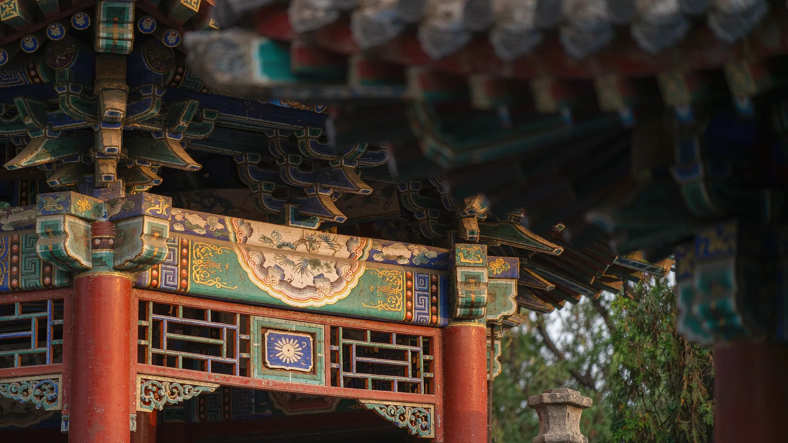 Detailed wooden carvings on Hongshan Park pagoda's eaves
