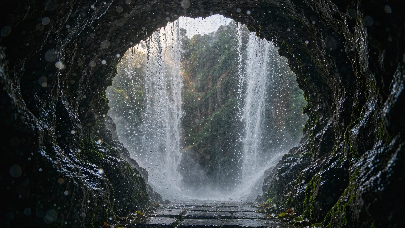 Inside Water Curtain Cave behind Huangguoshu Waterfall with falling water curtain