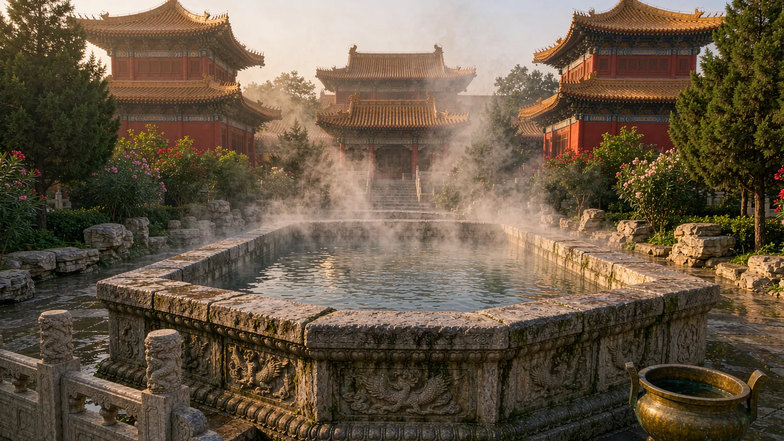 Ancient hot spring pools at Huaqing Palace with steam and stone carvings