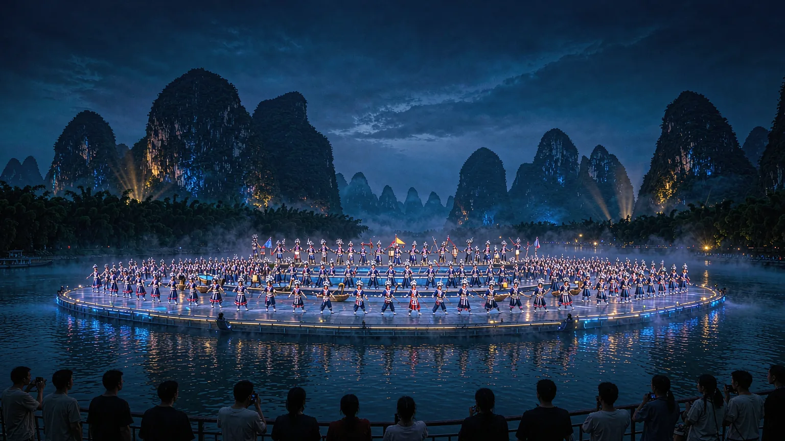 Panoramic view of water stage with performers and karst peaks